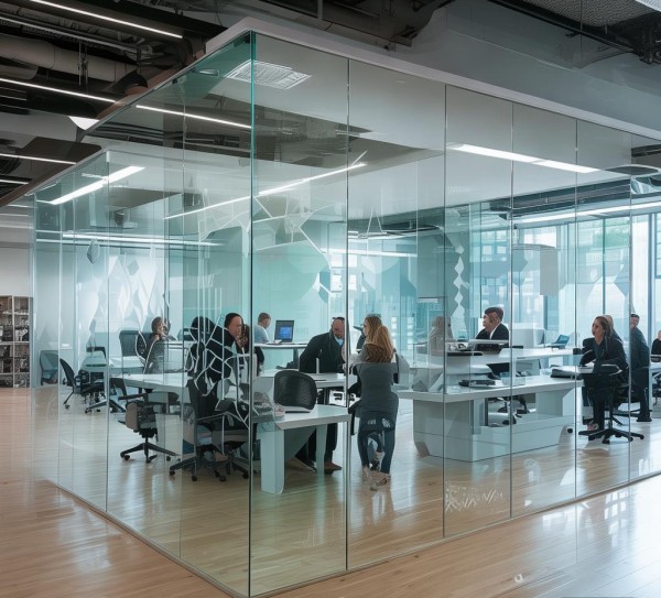 玻璃墙企业文化设计案例，强调组织内部结构如何通过玻璃墙强化团队协作与凝聚力
